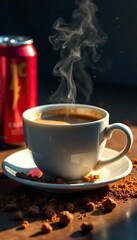 Steaming Coffee Cup with Scattered Caffeine Crystals A Vibrant Close-up Emphasizing Energy and Focus