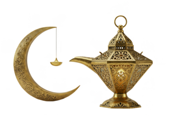Gold Ramadan Lantern and Moon Islamic Decoration Transparent Background