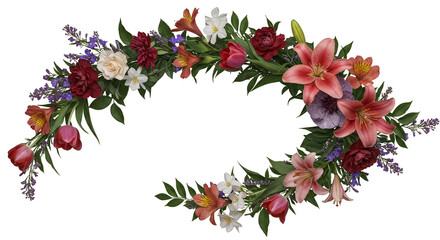 Floral Wreath Illustration with Red Pink and White Blossoms Decor Frame