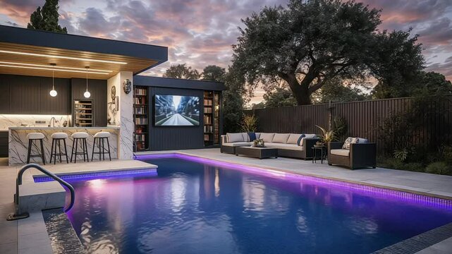 Luxury backyard with pool, outdoor kitchen, and entertainment area