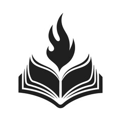 Black and white open book with a stylized fire icon