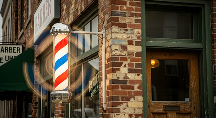 Retro Barber Shop Exterior With Swirling Pole And Textured Brickwork During Daytime