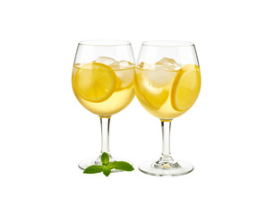 Two Wine Glasses Filled with Lemonade Ice and Lemon Slices.