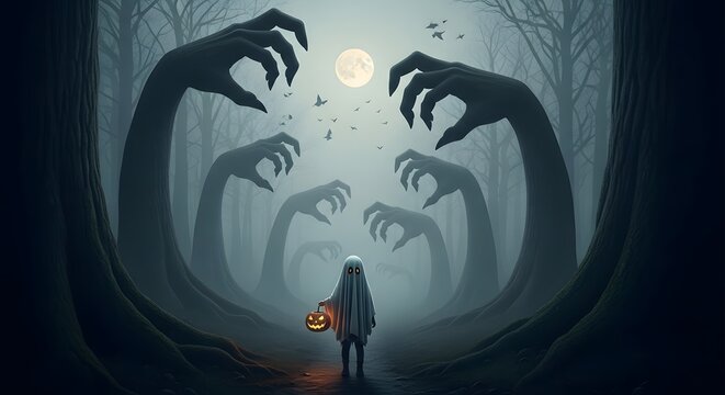 Enigmatic Halloween Forest Ghostly Figure and Giant Hands