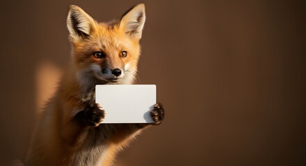 Obraz premium Red fox holding blank sign wildlife animal advertising