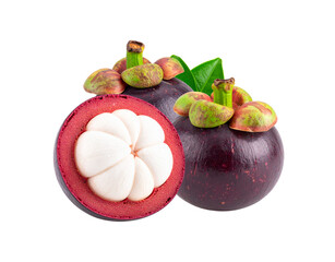 Fresh Mangosteen Fruits Whole and CrossSection with White Segments.