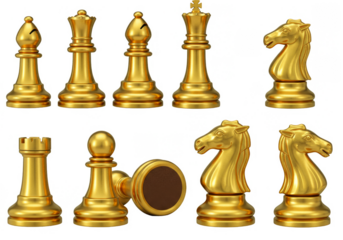 Golden Chess Pieces Set Transparent Background Isolated Elements 3D Rendering
