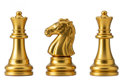 Golden Chess Pieces Isolated Knights and Queens Game Strategy Luxury