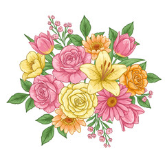 Floral Bouquet Illustration Pink Roses Yellow Tulips Transparent PNG
