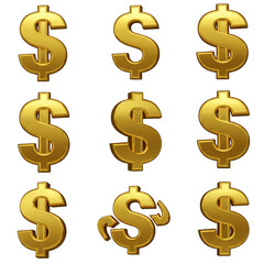 Golden Dollar Sign Symbols isolated Transparent Background Finance Wealth