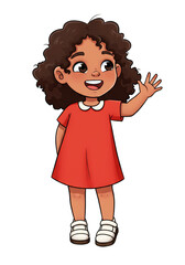 Cute Cartoon Waving Girl Illustration in Red Dress with Curly Hair
