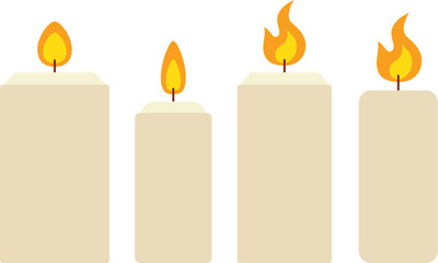 Set of Four Tall Rectangular Candles with Different Flame Shapes – Flat Vector Icons for Spiritual or Festive Decoration