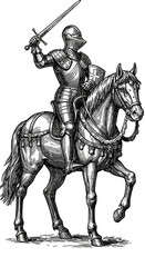Illustration Knight on Horseback in Shining Armor Holding Sword