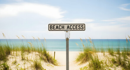 Pathway To Coastal Relaxation Beach Access Sign Amidst Ocean View
