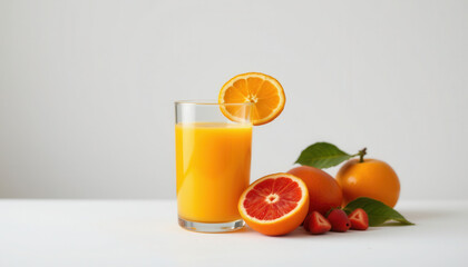Fototapeta premium Fresh orange juice in clear glass, garnished with slice of orange, accompanied by whole and halved oranges, evokes refreshing and vibrant feel