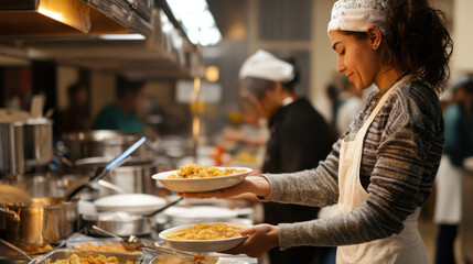 A volunteer serving a bowl of soup to a person in need at a soup kitchen, with a bright, clean kitchen space filled with warm light and helpful staff. —ar 16:9 