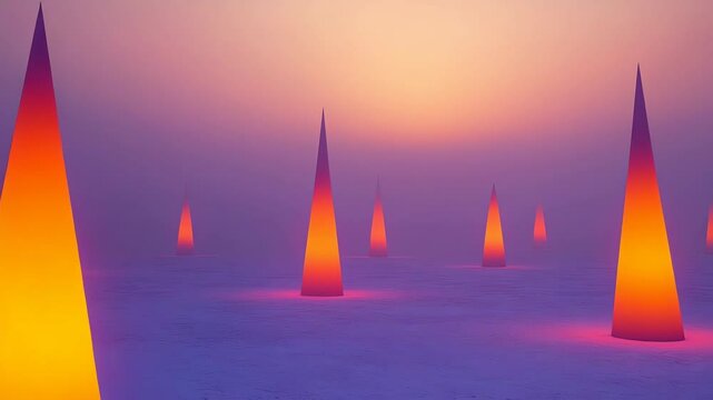 Orange conical lights in a misty landscape.
