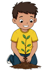Obraz premium Illustration of Boy Planting Tree Seedling with Joy Transparent