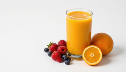 Fresh orange juice in glass accompanied by vibrant berries, including strawberries and blueberries, alongside whole orange. This colorful arrangement evokes refreshing and healthy vibe