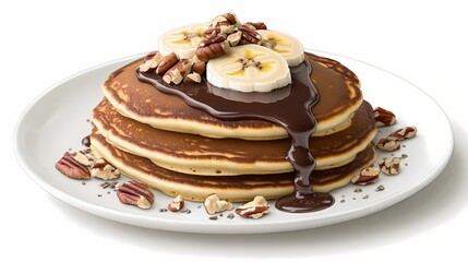 Stack of pancakes topped with chocolate sauce, sliced bananas, and pecans.