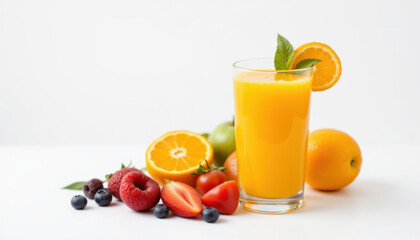 Fresh orange juice served in glass, surrounded by variety of colorful fruits including strawberries, blueberries, and oranges, creating vibrant and healthy scene