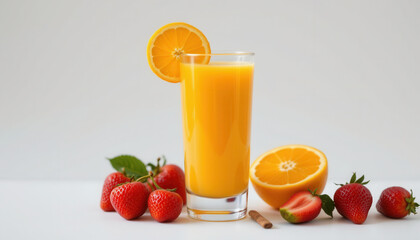 Fresh orange juice served in tall glass, garnished with slice of orange, accompanied by ripe strawberries. This vibrant drink is perfect for refreshing breakfast or snack