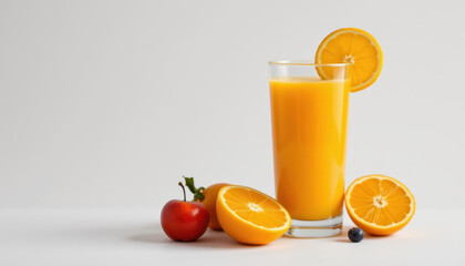 Fresh orange juice in tall glass, garnished with slice of orange, surrounded by halved oranges, small apple, and blueberries, evokes refreshing and vibrant feel