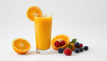 Fresh orange juice in tall glass, garnished with slice of orange, surrounded by vibrant fruits like raspberries, blueberries, and halved oranges, evokes refreshing and healthy vibe