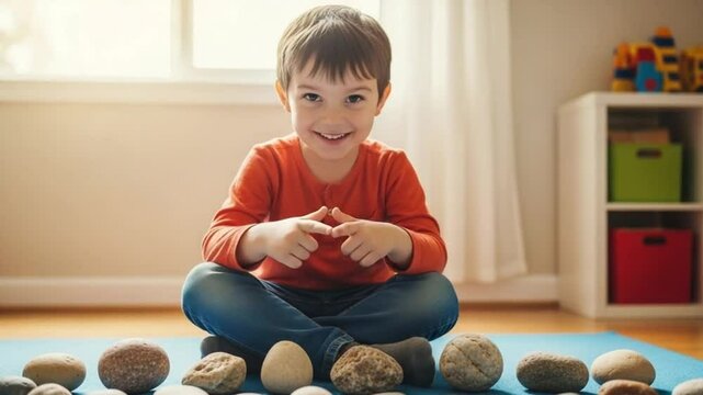 Child Proudly Sharing Rock Collection &ndash; Focused Joy and Expressive Detail