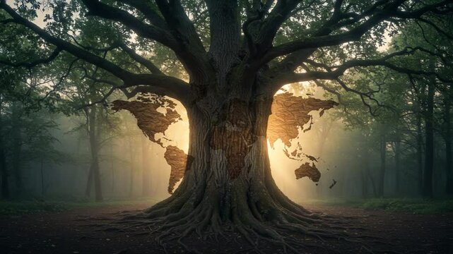 Majestic tree with world map silhouette at sunset