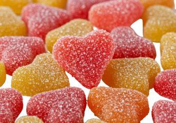 Heart Shaped Gummy Candies Pile, Red and Yellow Sugar Coated Treats