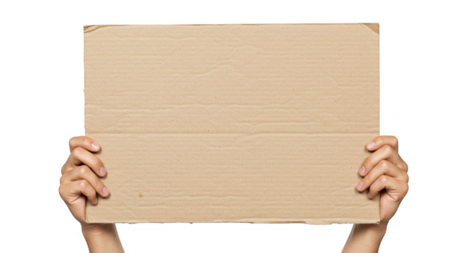 Holding Empty Cardboard Sign in Hands Isolated on Transparent Background