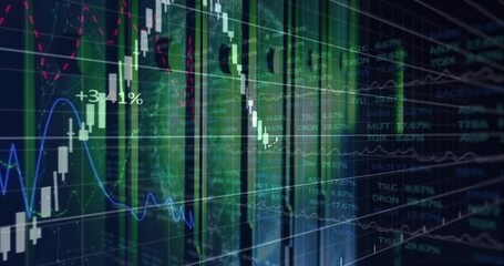 Transparent stock chart fading over racks, bars rising falling flashing labels showing data trends - Powered by Adobe