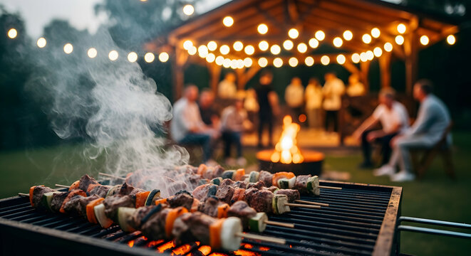 Delicious BBQ Skewers Grilling at a Warm Summer Evening Garden Party - Powered by Adobe