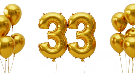 Golden Thirty Three Balloon Number for Celebration on Transparent Background