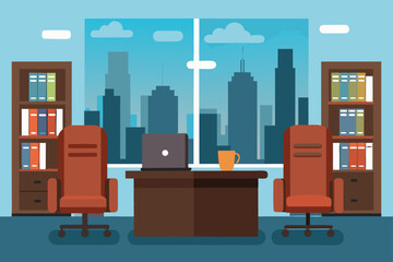 Modern office interior vector illustration featuring office furniture, work desks, chairs, and bookshelves in a home-like business setting