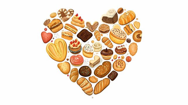Heart-shaped design composed of various baked goods.