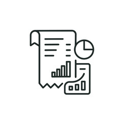 Depicts data analytics with a line drawing of a chart, graph and financial report, a smart choice for accounting or bookkeeping.