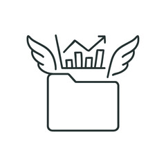 Creative business data analysis graphic showing file folder with wings and upward trending graph, suitable for company analytics and reports.