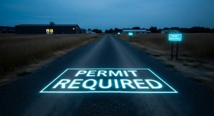 Permit Required Message Illuminated On A Country Road at Dusk Environment