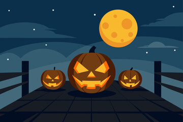 Spooky Halloween Night Jack-o'-lanterns on a moonlit dock
