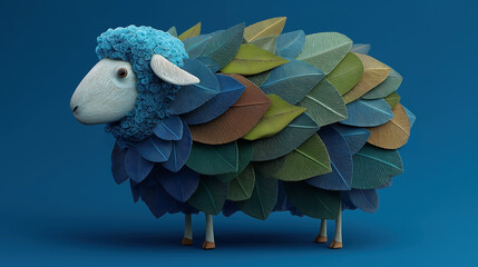A sheep, its wool replaced by multicolored textured leaves, stands against a clean cyan backdrop - Generative AI