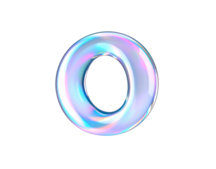 Iridescent Glass Donut Shape with Holographic Reflections on Black Background.