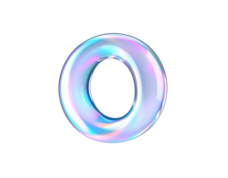 Iridescent Glass Donut Shape with Holographic Reflections on Black Background.
