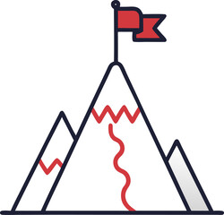 Outline of a mountain peak with a flag and small figure at summit, two‑tone flat, with white background.