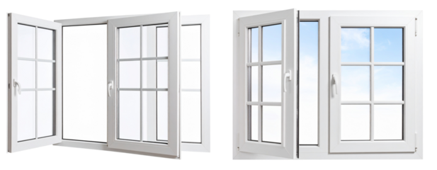 Open White Wooden Double Window Frame Isolated on Transparent Background PNG