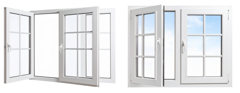  Open White Wooden Double Window Frame Isolated on Transparent Background PNG