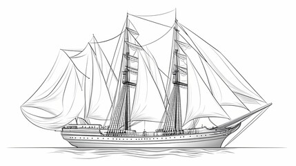 Detailed line drawing of a sailing vessel.
