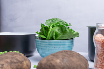 Spinach leaves and other vegetables for cooking.