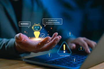 AI system anomaly detection concept showing artificial intelligence identifying cyber threats,...